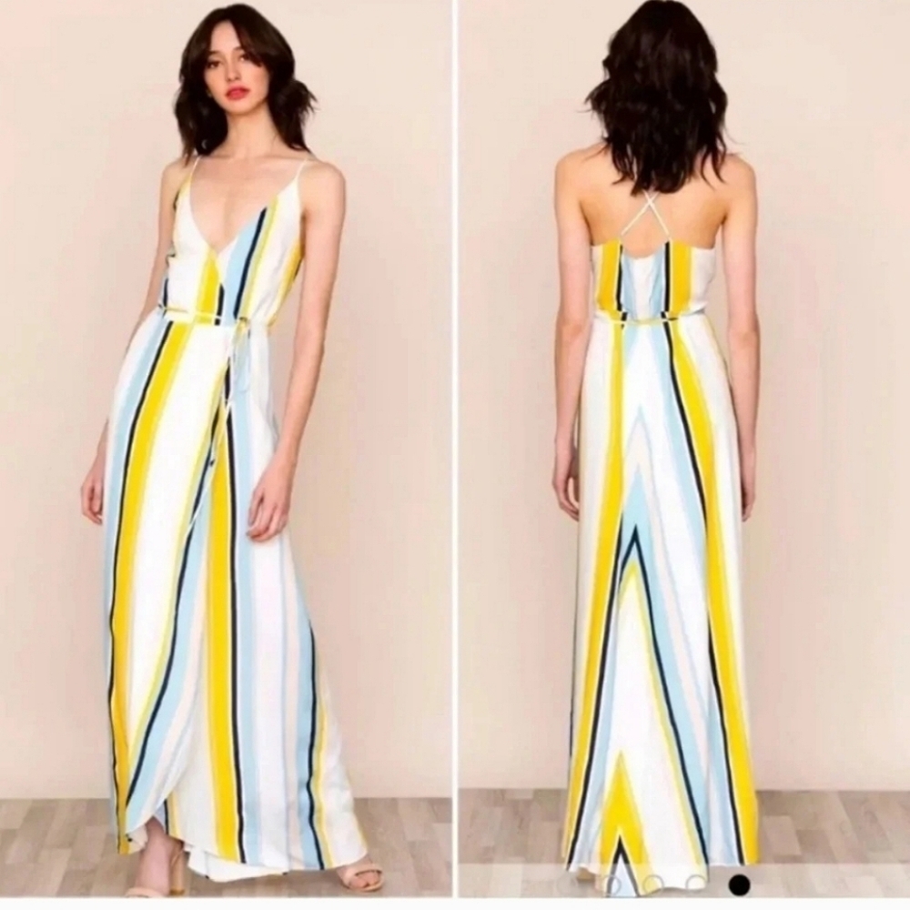 Yumi Kim Striped V-Neck Wrap Full Length Maxi Dress Medium White Spaghetti Strap